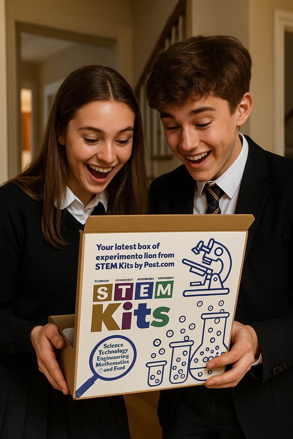 school uniform 2 teenagers ChatGPT Image Jun 11, 2025, 11_18_30 PM Two teenegers delighted with their STEM Kits by Post delivery
